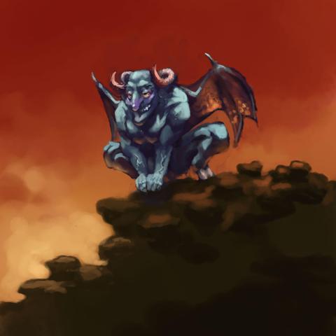Digital painting of blue skinned demon sitting on ledge, grinning evilly