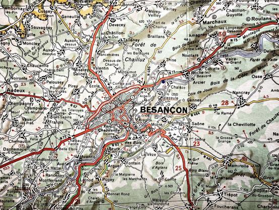 Carte routière centrée sur Besançon