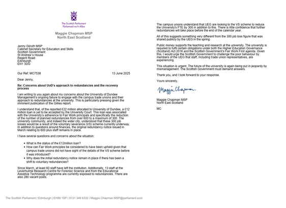 The text of the letter I have sent to Jenny Gilruth can be found at:
https://open.substack.com/pub/maggiechapman79/p/my-letter-to-the-scottish-government?r=46cwk7&utm_campaign=post&utm_medium=web&showWelcomeOnShare=true
