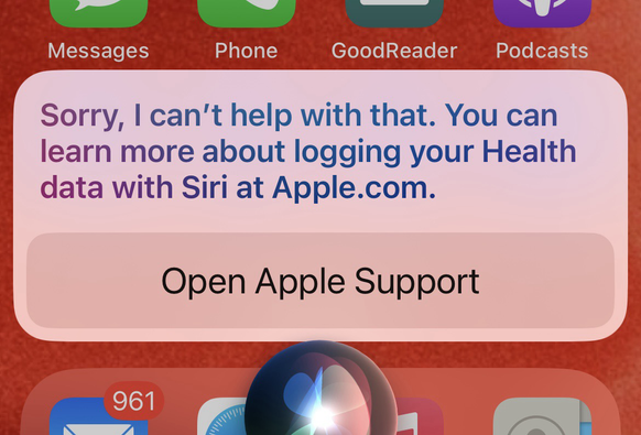 Siri’s first response to my cookery crisis: “Sorry, I can't help with that. You can learn more about logging your Health data with Siri at Apple.com. Open Apple Support.”