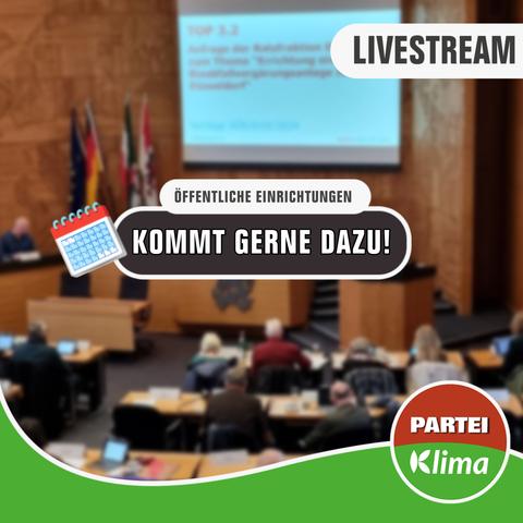 Zu sehen ist eine Totale des Plenarsaals unseres Düsseldorfer Rathauses. In einem weißen Kasten mit abgerundeten Ecken steht in schwarzer Sprache "Öffentliche Einrichtungen". Darunter steht in einem anthrazitfarbenen Kasten mit weißen Buchstaben: „Kommt gerne dazu!"