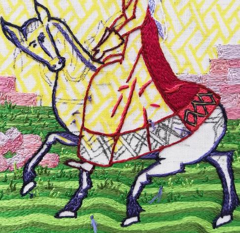 Close up of the embroidery of Aethelflaed on her horse. The darkest parts are now done in dark blue.