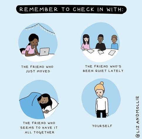 A light blue background features four circular illustrations, each with a different reminder. 

1. Top left: A person with short dark hair, wearing a pink shirt, is sitting at a table with a laptop. Text: "THE FRIEND WHO JUST MOVED."
   
2. Top right: Three people at a table. One person with long dark hair wears a pink shirt, and the other two have short hair and wear black and blue shirts. Text: "THE FRIEND WHO'S BEEN QUIET LATELY."

3. Bottom left: A person with dark hair lies in bed covered by a blue blanket, looking at a phone. Text: "THE FRIEND WHO SEEMS TO HAVE IT ALL TOGETHER."

4. Bottom right: A person with a blonde bun, wearing a white shirt and black pants, looks down with a neutral expression. Text: "YOURSELF."

At the top, bold text reads: "REMEMBER TO CHECK IN WITH:" and the bottom right corner has a small signature: "@LIZANDMOLLIE."