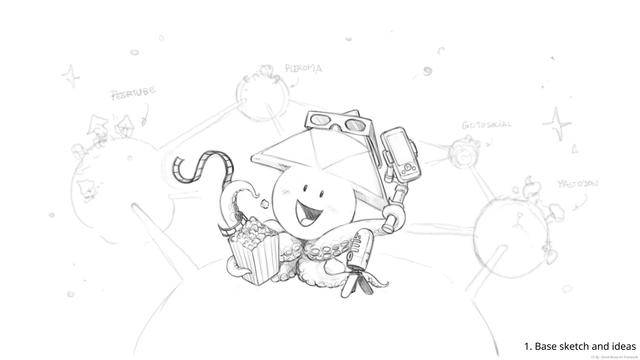 A black-and-white line-art image of the Peertube mascot sitting on a large 3D Fediverse logo. The mascot features many elements of the campaign, such as the mobile and editing tools. This is the first step: the sketch. The character is drawn in detail while the background is more sketchy. Some handwritten notes with arrows indicate which nodes of the Fediverse logo will be connected as 'instances': Peertube, Pleroma, Gotosocial and Mastodon.