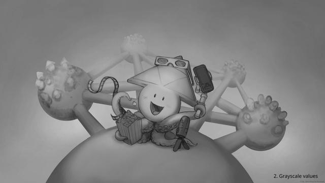 The second step is to work in grayscale to give a sense of volume and depth, and to prioritise the elements. This helps me decide whether I want a dark on bright composition or the reverse, a light on dark background. I can also manage the light source. For this one, I wanted a big, overcast sky and a very soft light over the whole scene.