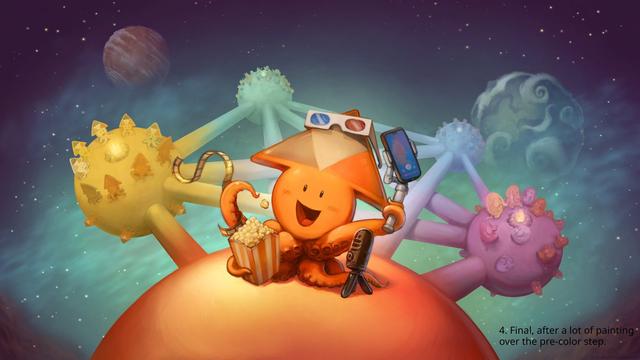 The final version has all the details and contrast, as well as the effects: the nebulaes, planets, glows and crisp edges on the characters and objects. I'm happy with how I found a colour palette around the orange mascot that I had never explored before. It was tricky to incorporate all the colours of the Fediverse while maintaining an aesthetically pleasing colour palette.