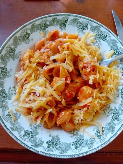 Pâtes à la sauce tomate et gouda dans une assiette blanche et verte