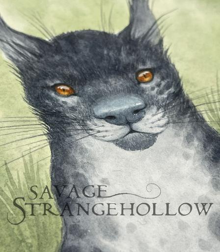 painting of a big cat which has amber coloured eyes and is dark black/grey with a pale chest.