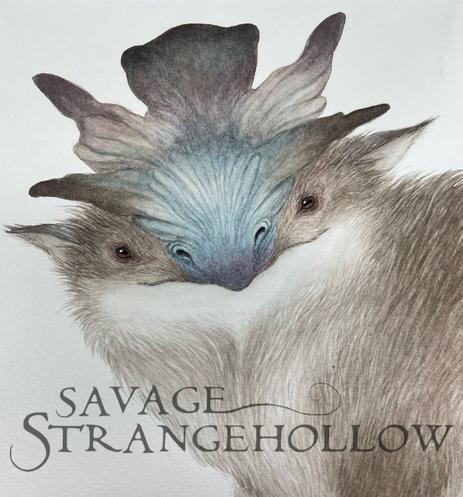 a brown hairy creature with elaborate purple and blue horns on its head