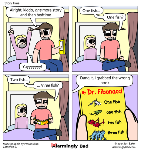 Alarmingly Bad comic where a man reads the wrong book to is daughter