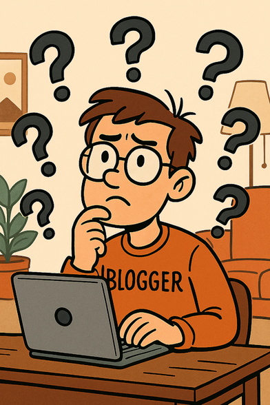 Ein Blogger sitzt vor einem Notebook und kratzt sich am Kinn. Er macht einen nachdenklichen Eindruck. Um ihn herum schwirren Fragezeichen. Cartoonstyle