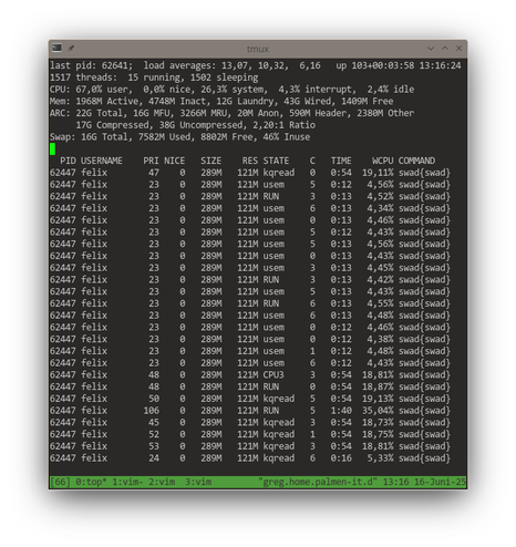 Threads of swad during load test. The uppermost thread is the "main" thread, handling signals and accepting connections. The 8 threads at the bottom are the service workers, each running its own event loop, handling the socket connections of clients and doing basic HTTP parsing. The threads in between are the pool threads, used for executing individual request pipelines.
