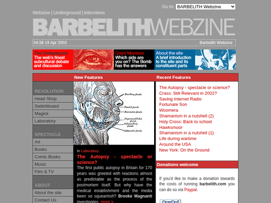 Screenshot of barbelith.com on April 19, 2003
