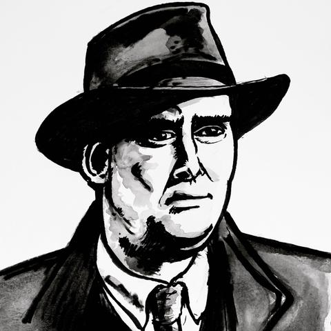 A black and white ink illustration of a serious man wearing a fedora hat and a formal suit, with a focus on his facial features and expressions. He is Flann O’Brien, or Brian O’Nolan, or Myles na Gopaleen, amongst others.