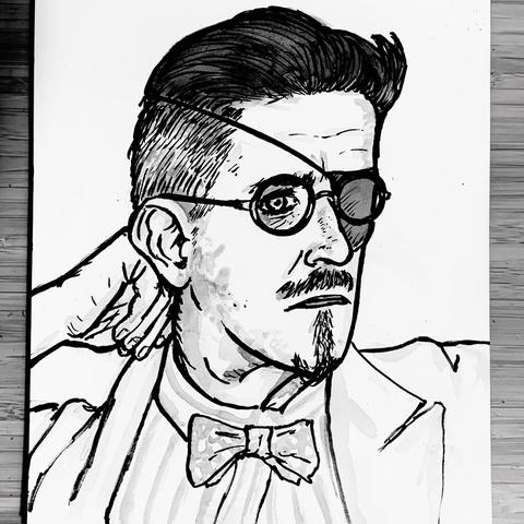 A black and white illustrated portrait of a man with a stylish hairstyle, eyepatch and glasses. He has a mustache and goatee, wearing a bow tie and a light coloured suit. The expression is confident and contemplative, with one hand resting behind his head. He is the man himself, James Joyce.