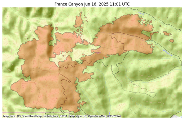 Visual map representation of the France Canyon wildfire, showing the perimeters of the 2159.0472108487697 acre fire on a map.