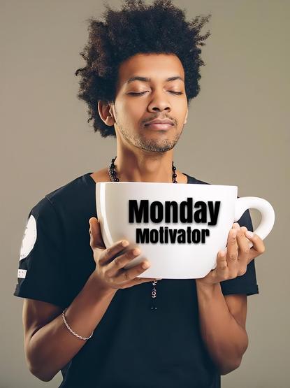 A man with a tied but hopeful expression on his face holds a gigantic cup of coffee in his hands that has the message "Monday Motivator" on it.
