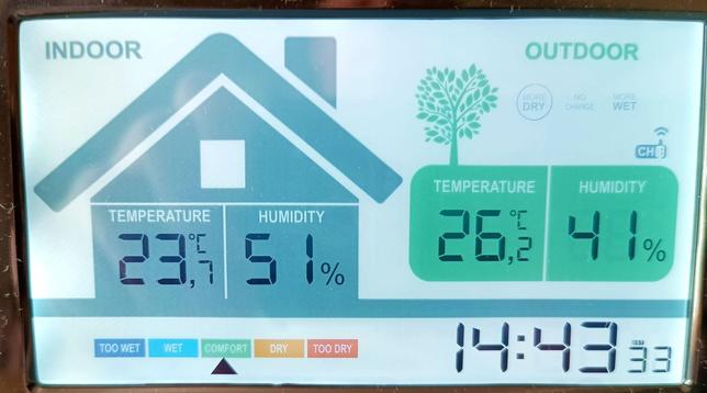 A poncy thermometer, showing inside 23.7°C and outside 26.2°C