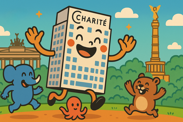 KI-generiertes Cartoon des Charité-Bettenhauses mit Armen und Beinen, das lächelnd durch Berlin hüpft (erkennbar am Brandenburger Tor und der Siegessäule im Hintergrund). Es wird begleitet von einem blauen Elefanten, einer orangefarbenen Sepia und einem braunen Lemming.