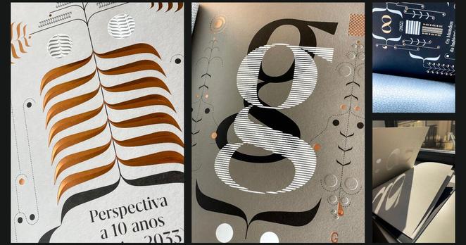 Four photographs showing graphic details of the book, such as the type of paper, printing and design.