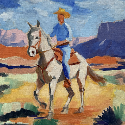 A colorful acrylic painting of a cowboy riding a pale horse through a sunlit Southwestern landscape. The background features warm, vivid hues of orange, red, and purple, with distant mesas and an open sky. The brushwork is expressive and painterly.