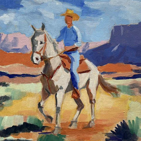A colorful acrylic painting of a cowboy riding a pale horse through a sunlit Southwestern landscape. The background features warm, vivid hues of orange, red, and purple, with distant mesas and an open sky. The brushwork is expressive and painterly.