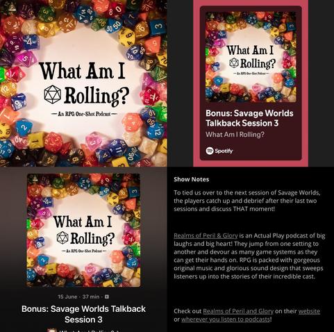 Social graphic composed of screenshots showing the latest episode of What Am I Rolling? being out on podcast platforms.