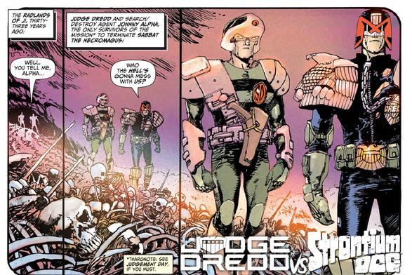 opening panels of Judge Dredd Vs Strontium Dog in 2000 AD Prog 2437, artwork by Henry Flint, depicting Dredd and mutant bounty hunter Johnny Alpha walking across the Cursed Earth