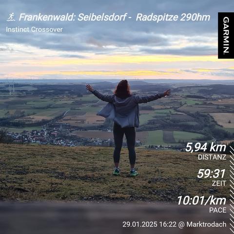 Ich in der freien Natur, auf einer Wiese stehend von hinten aufgenommen. Blick auf Aussicht: Man sieht Felder, Wälder, Dörfer.