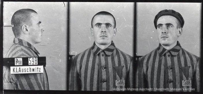 A mugshot registration photograph from Auschwitz. A man with a shaved head wearing a striped uniform photographed in three positions (profile and front with bare head and a photo with a slightly turned head with a hat on). The prisoner number is visible on a marking board on the left.