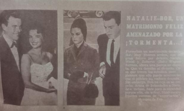 Imagen de una página de revista que muestra a Natalie Wood y Bob Wagner en un artículo de 1961, con un titular que menciona que su matrimonio está amenazado. A la izquierda, una foto de la pareja sonriente; a la derecha, una imagen de Natalie con una expresión preocupada mientras Bob la acompaña.