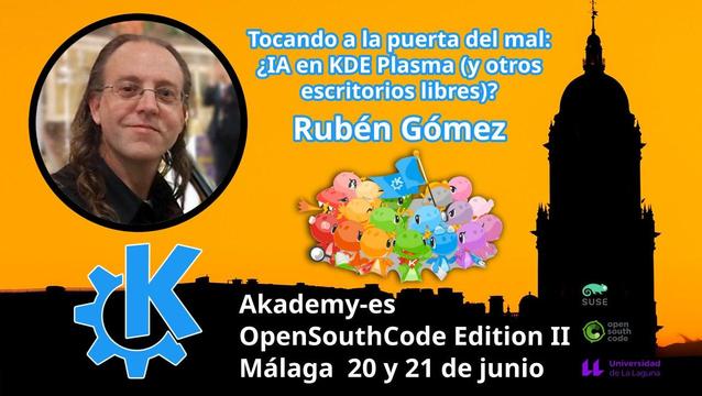 Fotografía del ponente.

Logo de KDE

Grupo de dragones konqis y katis

Fondo naranja con silueta de edificio ilustre de Málaga
