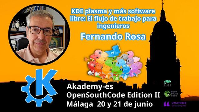 Fotografía del ponente.

Logo de KDE

Grupo de dragones konqis y katis

Fondo naranja con silueta de edificio ilustre de Málaga