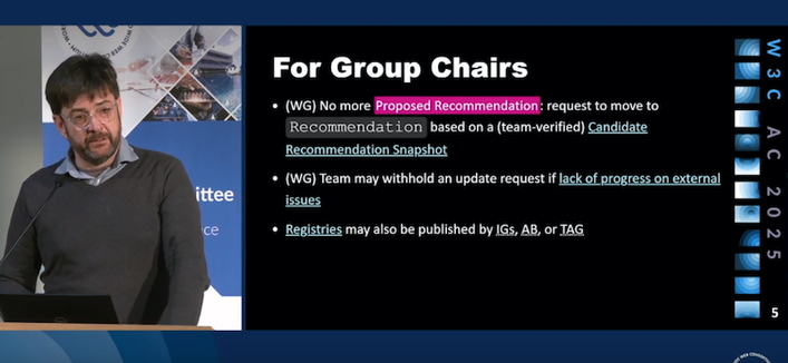 Snapshot of the video recording of Philippe Le Hégaret going through the slide "For Group Chairs"