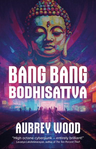 Book cover for Bang Bang Bodhisattva by Aubrey Wood (‪Solaris):‬ It’s 2032 and hacker-for-hire Kiera’s living in the worst cyberpunk future. She’s been gigging her ass off to keep the lights on, chasing cheaters with Angel Herrera, a luddite P.I. who talks like a ’40s movie detective. But that changes when Herrera’s ex-best friend turns up murdered. Their only lead: a stick of Nag Champa incense dropped at the scene. Next thing Kiera knows, her new crush has disappeared, leaving nothing behind but a severed hand (the real one, not the cybernetic) and the familiar stink of sandalwood. Two crimes, two sticks of incense, Kiera framed for both. She told Herrera to lose her number after the last job, but now the old man might be her only way out of this mess... https://rebellionpublishing.com/product/bang_bang_bodhisattva/