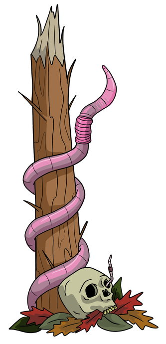 An illustration of a wooden spike with a large pink earthworm wrapped around it. At the base of the spike there is a skull resting on dead leaves with a small earthworm sticking out of the eye socket