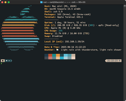 Screenshot of my terminal window with fastfetch and custom colour scheme.