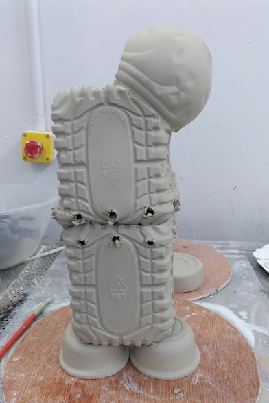 Ceramic plastic container pitcher put together. Greenware stage.