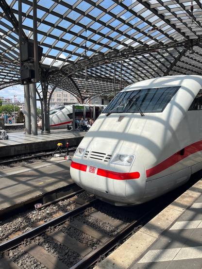 ICE1 under the modern extended roof at Köln Hbf, it makes a dappled shadow on the train