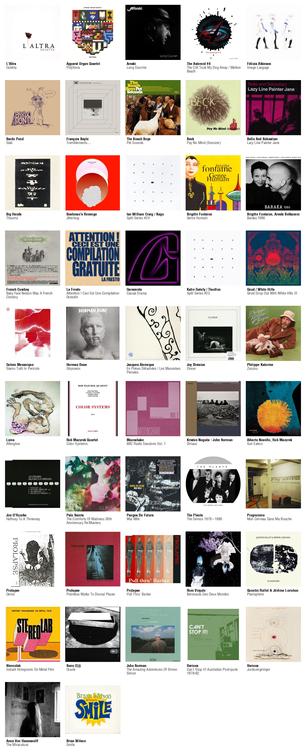 Collage des pochettes des albums de L'Altra (Ouletta), Apparat Organ Quartet (Pólýfónía), Areski (Long Courrier), The Asteroid #4 (The CIA Took My Dog Away / Mellow Beach), Félicia Atkinson (Image Langage), Bardo Pond (Slab), François Bayle (Tremblements…), The Beach Boys (Pet Sounds), Beck (Pay No Mind (Snoozer)), Belle And Sebastian (Lazy Line Painter Jane), Big Hands (Thauma), Bushman's Revenge (Jitterbug), Ian William Craig / Kago (Split Series #24), Brigitte Fontaine (Genre Humain), Brigitte Fontaine, Areski Belkacem (Baraka 1980), French Cowboy (Baby Face Nelson Was A French Cowboy), La Fresto (Attention ! Ceci Est Une Compilation Gratuite), Garaventa (Casual Drama), Katie Gately / Tlaotlon (Split Series #23), Gnod / White Hills (Gnod Drop Out With White Hills III), Golem Mecanique (Siamo Tutti In Pericolo), Herman Dune (Odysseús), Jacques Atomique (En Pièces Détachées / Les Mauvaises Pensées), Joy Division (Closer [40th Anniversary Limited Edition]), Philippe Katerine (Zouzou), Loins (Afterglow), Rob Mazurek Quartet (Color Systems), Moonshake (BBC Radio Sessions Vol. 1), Kristen Noguès - John Surman (Diriaou), Alberto Novello, Rob Mazurek (Sun Eaters), Jim O'Rourke (Halfway To A Threeway), Pale Saints (The Comforts Of Madness 30th Anniversary Re:Masters), Pangea De Futura (War Milk), The Plants (The Demos 1979 - 1980), Programme (Mon Cerveau Dans Ma Bouche), Prolapse (Demo), Prolapse (Pointless Walks To Dismal Places), Prolapse (Pull Thru' Barker) et autres
