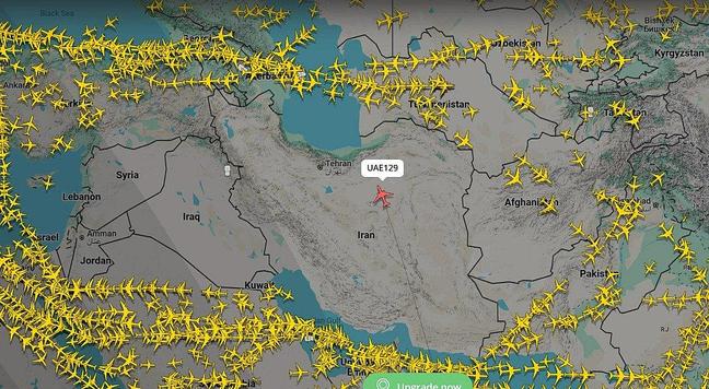 fr24 screenshot. everyone is avoiding iran. uae129 however did not pay attention and flies right through iran