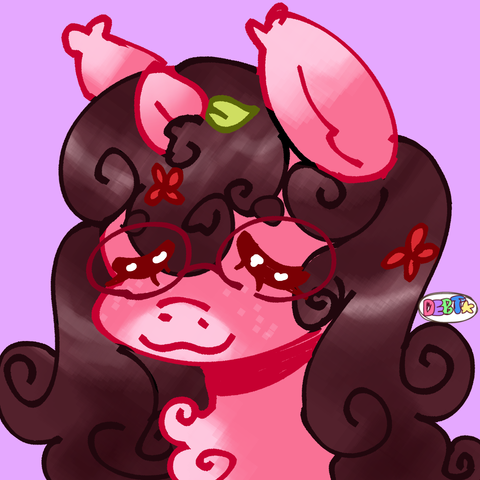 A bust drawing of a pink unicorn, whose horn is a peach. She smiles sweetly with her eyes closed and her long brown, curly locks bouncing down her back. This is a version with the glasses perched upon her snout not colored in.