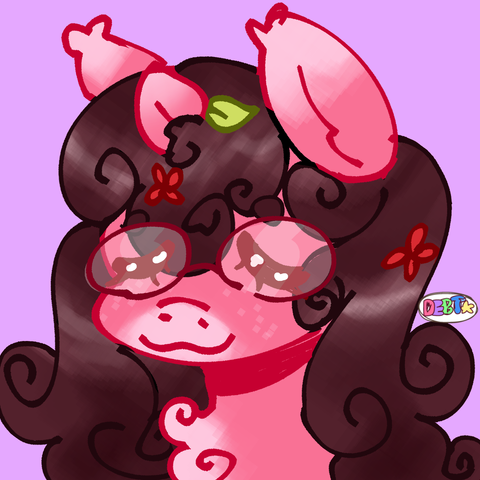 A bust drawing of a pink unicorn, whose horn is a peach. She smiles sweetly with her eyes closed and her long brown, curly locks bouncing down her back. This is a version with the glasses perched upon her snout colored in.