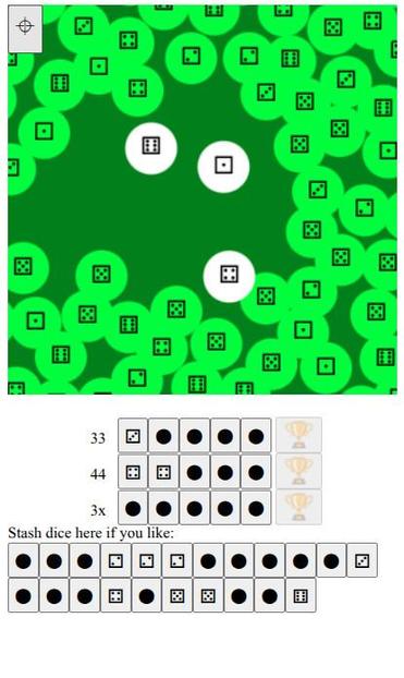 Screen shot of a web app. There's a big green square that has dice scattered across it. Down below are some buttons,some of which have die-face titles; others just have black dots. It's very mysterious