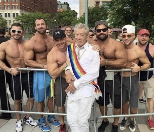 Ian McKellen and a lot of very burly men