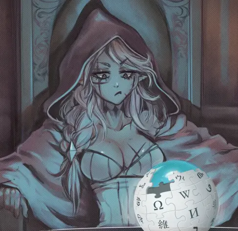 random edit of a stolen image i had lying around

the "pondering my orb wizard" but as a woman
the orb has the wikipedia logo slapped on it