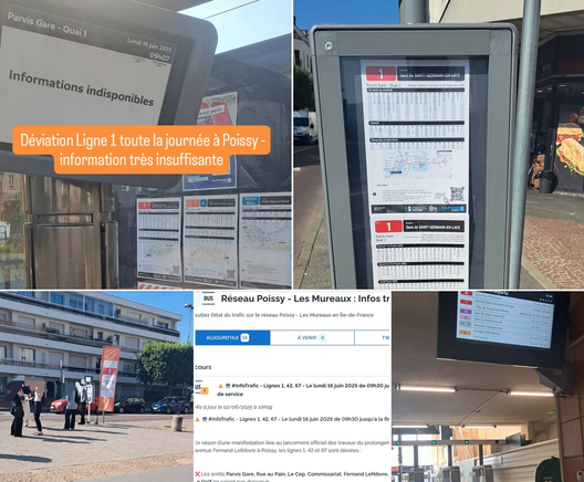 collage de la borne info voyageurs, des horaires, et de l'absence d'info en gare de Poissy