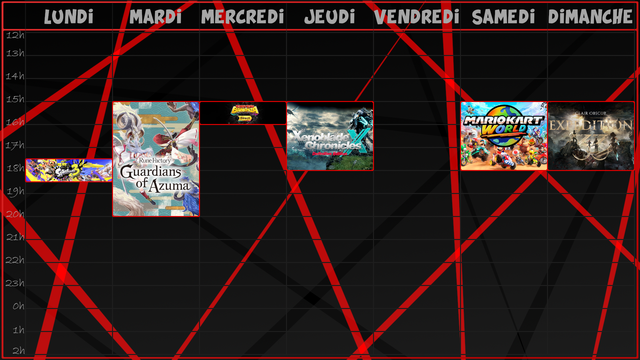 -Lundi, de 17h30 jusqu'à 18h30, petit live Splatoon 3, pour avoir la récompense du Big Run, et tester d'autres armes de la 10.0.0;
-Mardi, de 15h jusqu'à 20h, Rune Factory Guardians of Azuma continue, avec toujours autant de plaisir !
-Mercredi, rendez-vous à 15h pour qu'on regarde ensemble le Donkey Kong Bananza Direct !
-Jeudi, de 15h jusqu'à 18h, on persévère dans l'annexe de Xenoblade Chronicles X Definitive Edition !
-Samedi, de 15h jusqu'à 18h, on reprend Mario Kart World pour débloquer des costumes et le mode miroir !
-Et Dimanche, de 15h jusqu'à 18h, on relance Clair Obscur Expédition 33 pour la suite de l'aventure et de l'acte 2 !