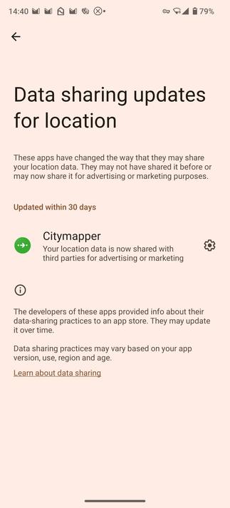 Screenshot of Android warning about Citymapper's new abuse of user location data. It reads "Citymapper. Your location data is now shared with third parties for advertising or marketing".