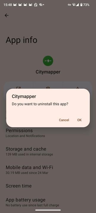 Screenshot showing Citymapper being uninstalled on Android.